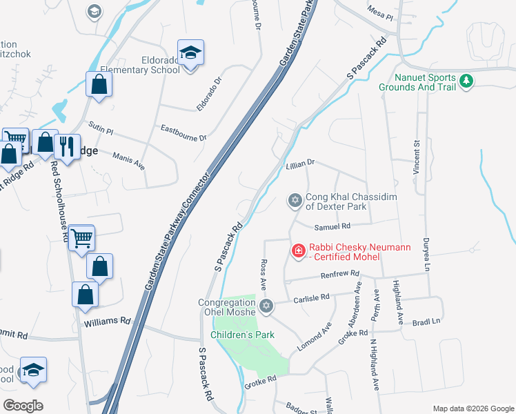 map of restaurants, bars, coffee shops, grocery stores, and more near County Road 35 in New Square