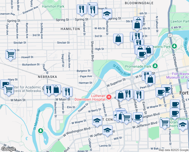 map of restaurants, bars, coffee shops, grocery stores, and more near 450 Pape Avenue in Fort Wayne