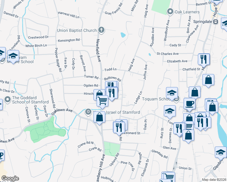 map of restaurants, bars, coffee shops, grocery stores, and more near 184 Belltown Road in Stamford