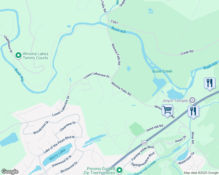 map of restaurants, bars, coffee shops, grocery stores, and more near 5119 Winona Falls Road in East Stroudsburg
