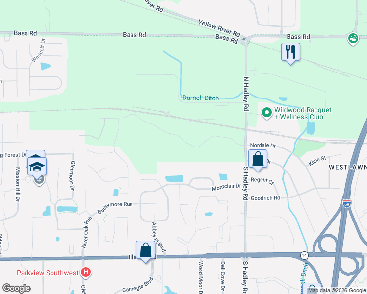 map of restaurants, bars, coffee shops, grocery stores, and more near 7466 Glen Gelder Circle West in Fort Wayne