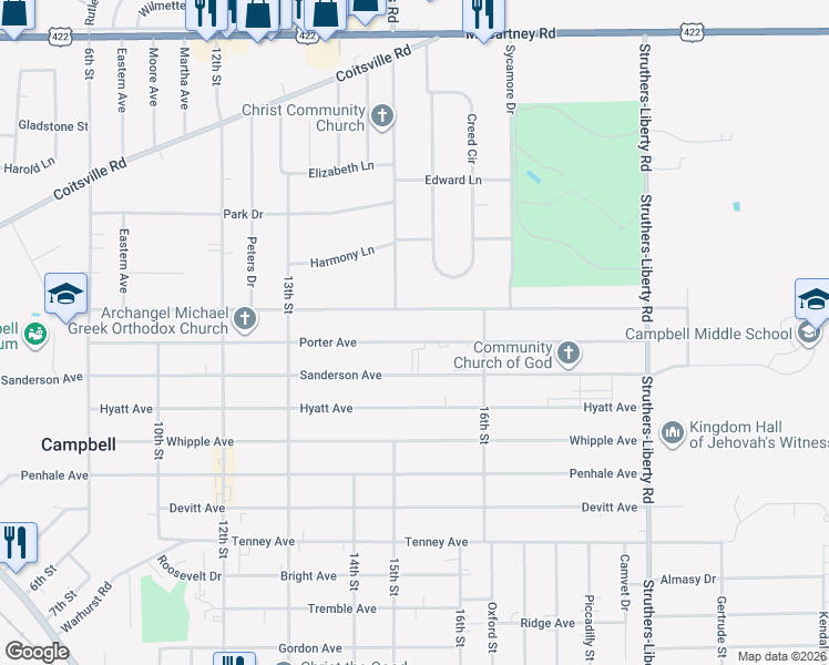 map of restaurants, bars, coffee shops, grocery stores, and more near 505 Blossom Avenue in Campbell