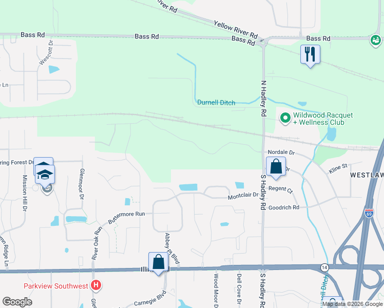map of restaurants, bars, coffee shops, grocery stores, and more near 7466 Glen Gelder Circle West in Fort Wayne