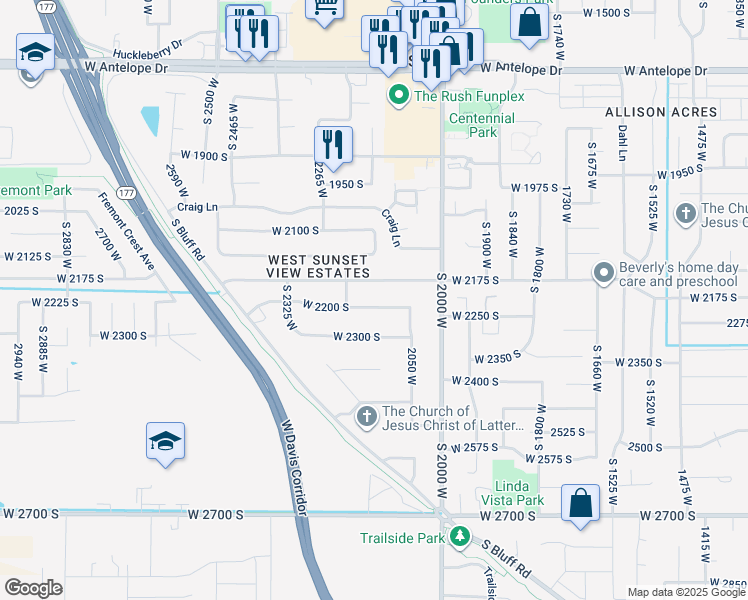 map of restaurants, bars, coffee shops, grocery stores, and more near 2136 West 2200 South in Syracuse