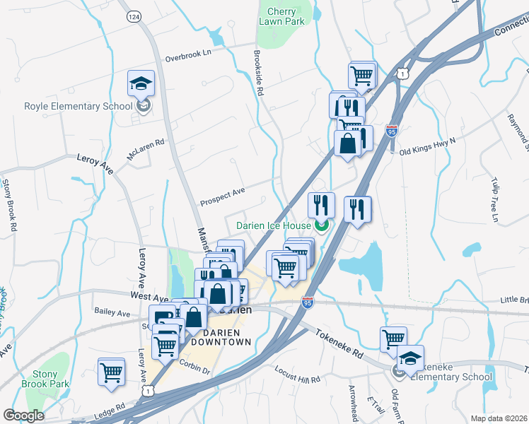 map of restaurants, bars, coffee shops, grocery stores, and more near 42 Fairview Avenue in Darien