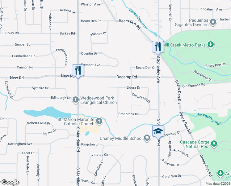 map of restaurants, bars, coffee shops, grocery stores, and more near 1902 Cranbrook Drive in Youngstown
