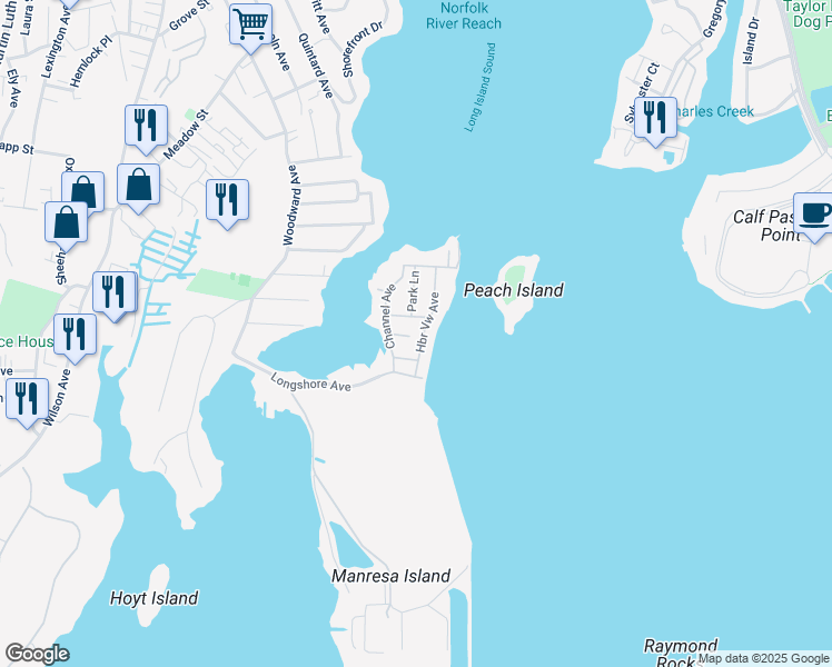 map of restaurants, bars, coffee shops, grocery stores, and more near 36 Park Lane in Norwalk