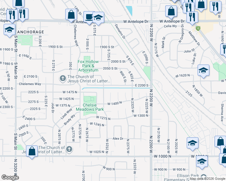 map of restaurants, bars, coffee shops, grocery stores, and more near 736 East 2200 South in Clearfield