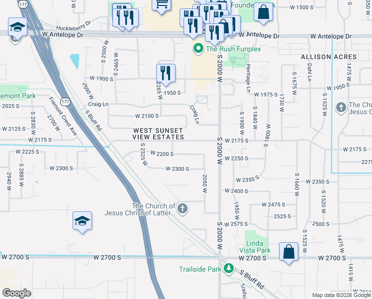 map of restaurants, bars, coffee shops, grocery stores, and more near 2136 West 2200 South in Syracuse