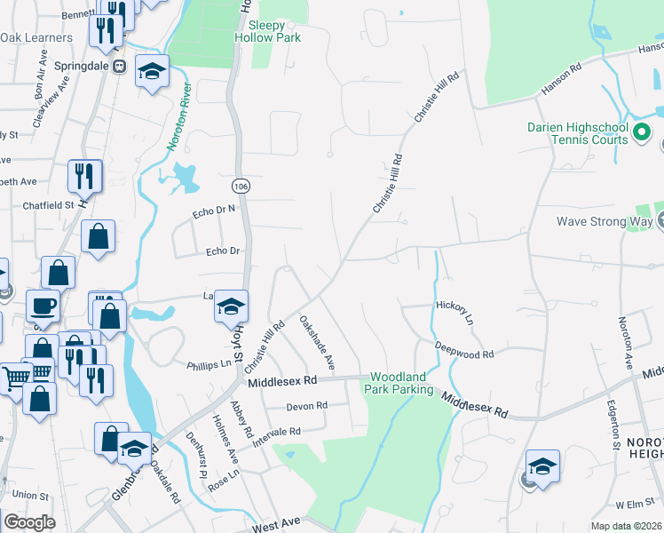 map of restaurants, bars, coffee shops, grocery stores, and more near 1 Top O Hill Road in Darien