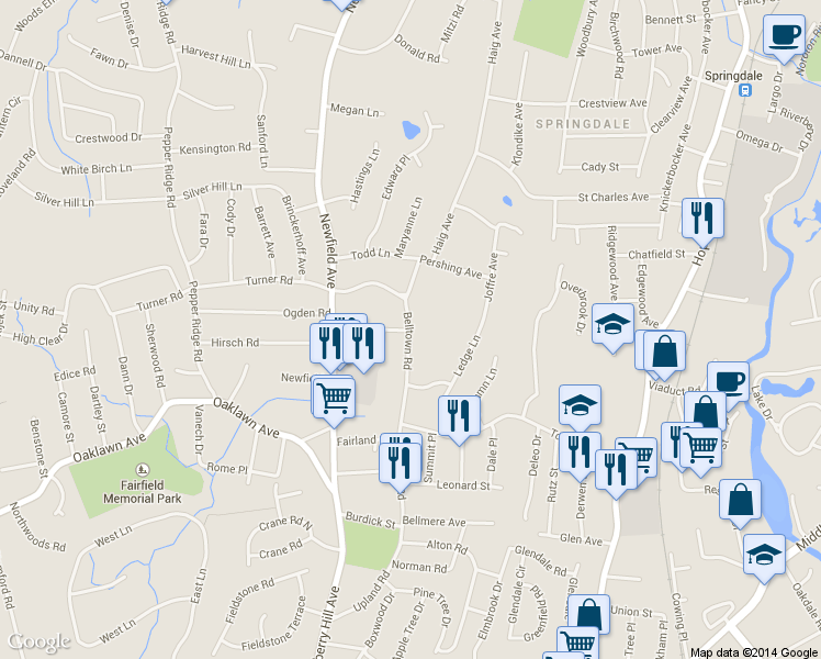 map of restaurants, bars, coffee shops, grocery stores, and more near 184 Belltown Road in Stamford