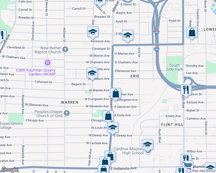 map of restaurants, bars, coffee shops, grocery stores, and more near 1824 Warren Place in Youngstown