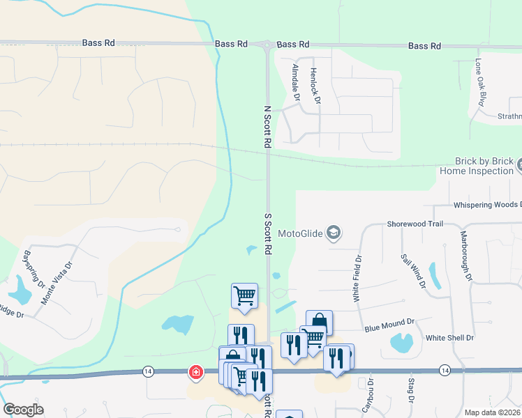 map of restaurants, bars, coffee shops, grocery stores, and more near 101 North Scott Road in Fort Wayne