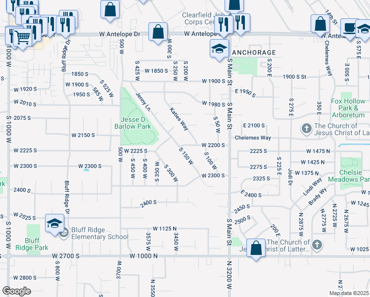 map of restaurants, bars, coffee shops, grocery stores, and more near 2188 South 150 West in Clearfield