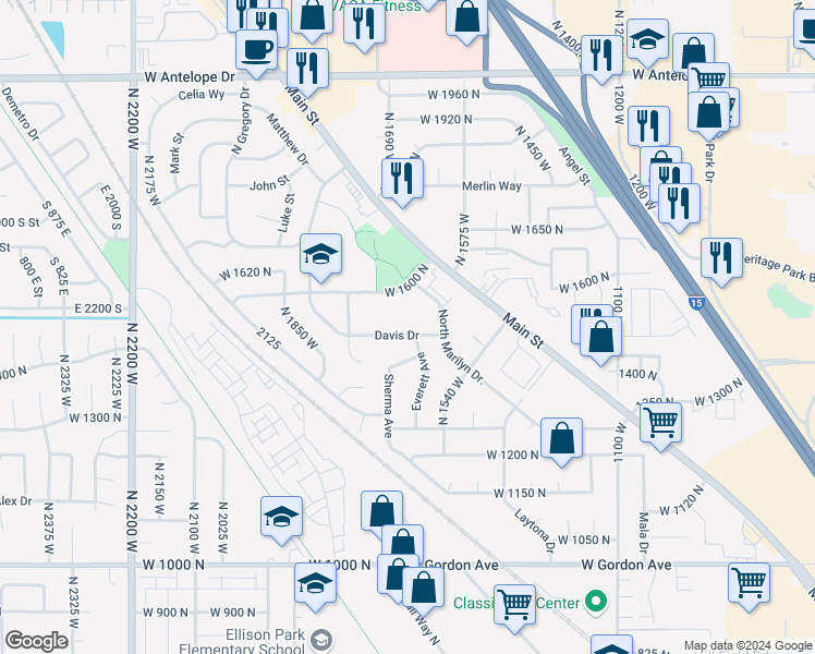 map of restaurants, bars, coffee shops, grocery stores, and more near 1608 Davis Drive in Layton