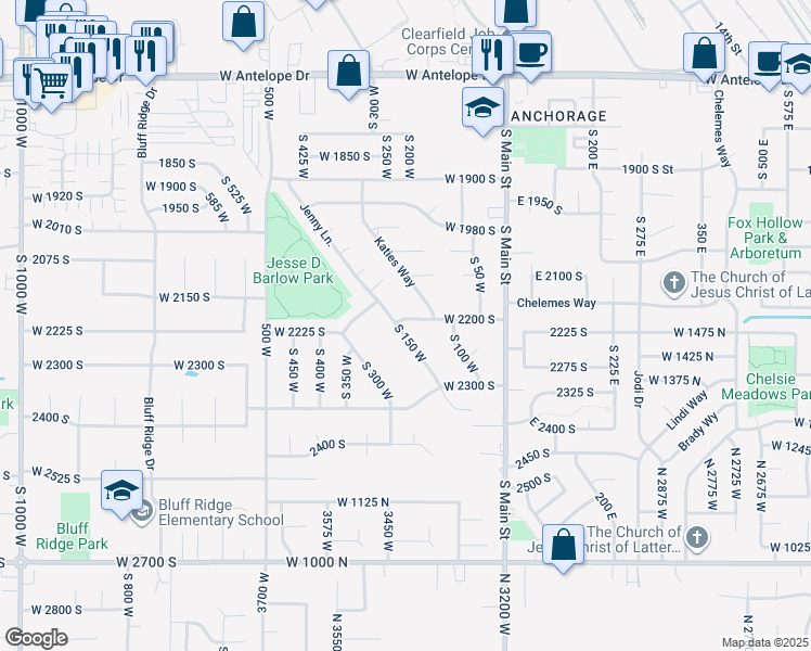 map of restaurants, bars, coffee shops, grocery stores, and more near 2218 South 150 West in Clearfield