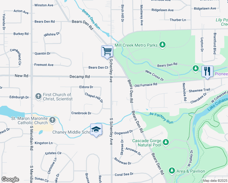 map of restaurants, bars, coffee shops, grocery stores, and more near 1900 South Schenley Avenue in Youngstown