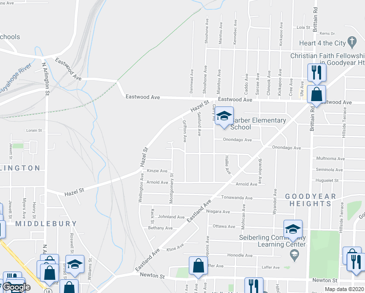 map of restaurants, bars, coffee shops, grocery stores, and more near 660 Grifton Avenue in Akron