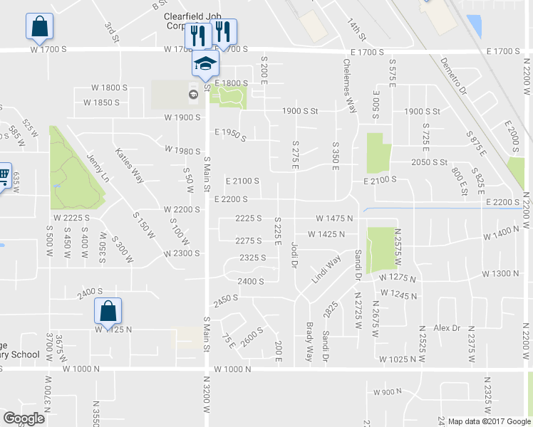 map of restaurants, bars, coffee shops, grocery stores, and more near 197 East 2225 South in Clearfield