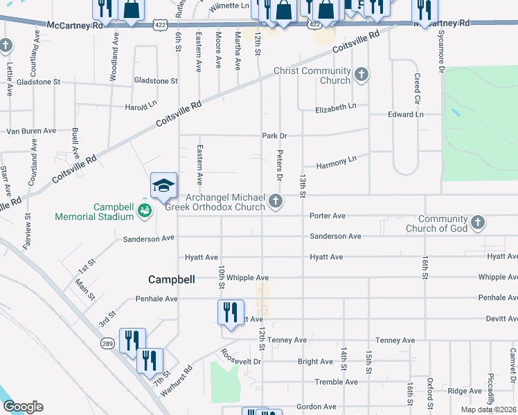 map of restaurants, bars, coffee shops, grocery stores, and more near in Campbell