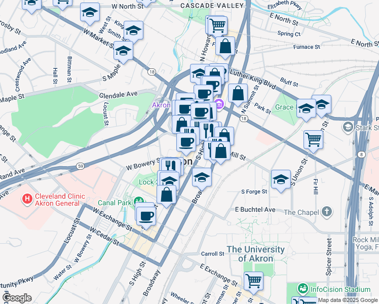 map of restaurants, bars, coffee shops, grocery stores, and more near 128 South High Street in Akron