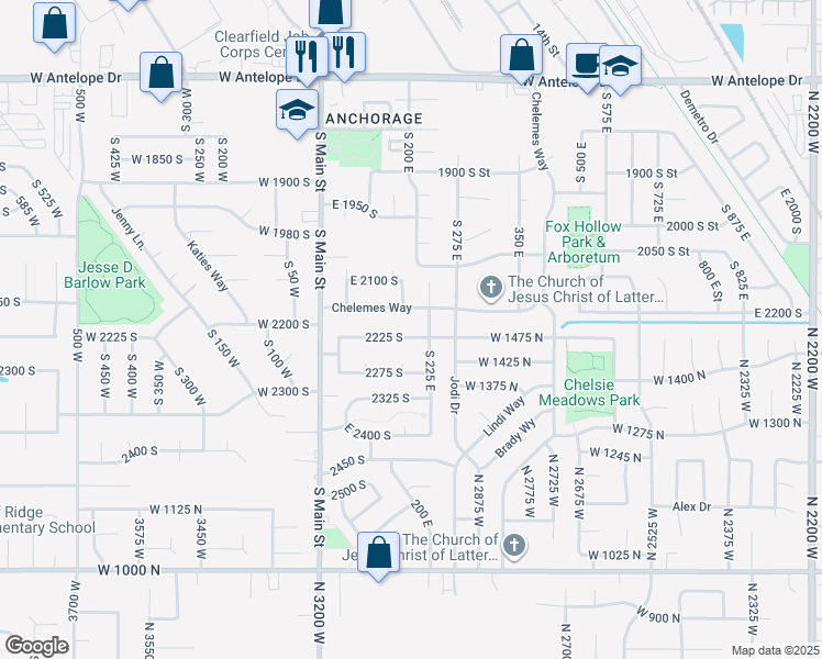 map of restaurants, bars, coffee shops, grocery stores, and more near 197 East 2225 South in Clearfield