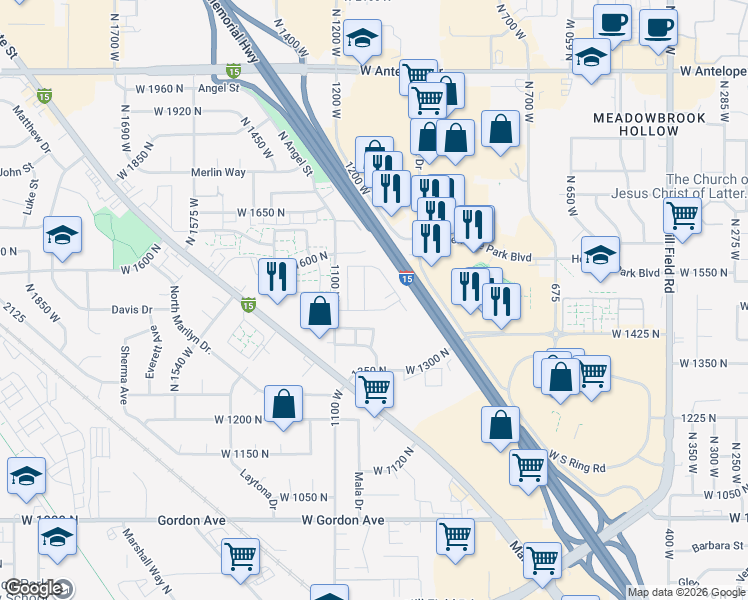 map of restaurants, bars, coffee shops, grocery stores, and more near 1500 North Angel Street in Layton