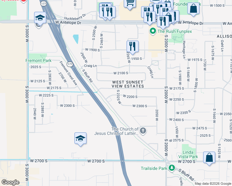 map of restaurants, bars, coffee shops, grocery stores, and more near 2188 South 2325 West in Syracuse