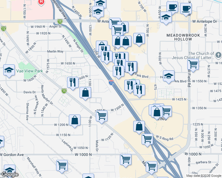 map of restaurants, bars, coffee shops, grocery stores, and more near 1500 1100 West in Layton