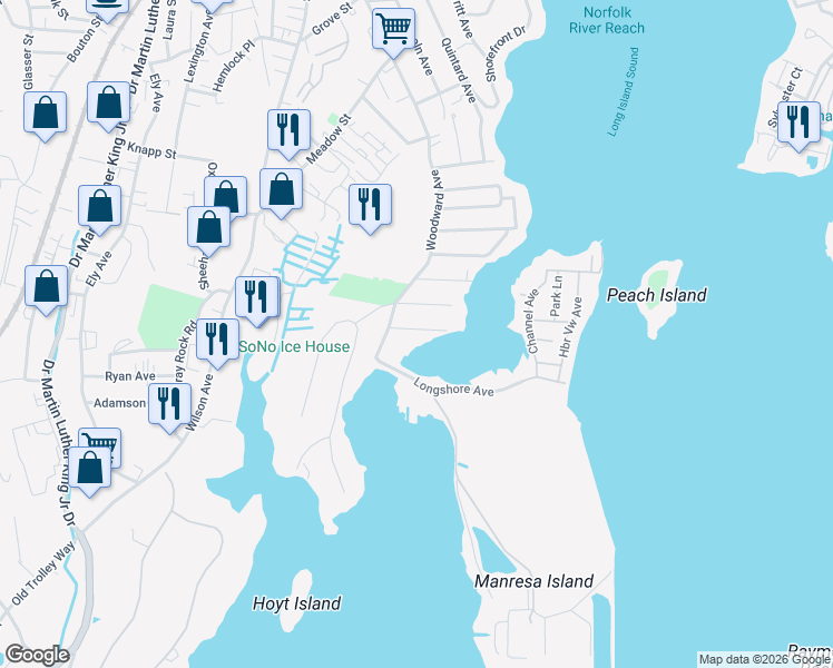 map of restaurants, bars, coffee shops, grocery stores, and more near 11 Yost Street in Norwalk