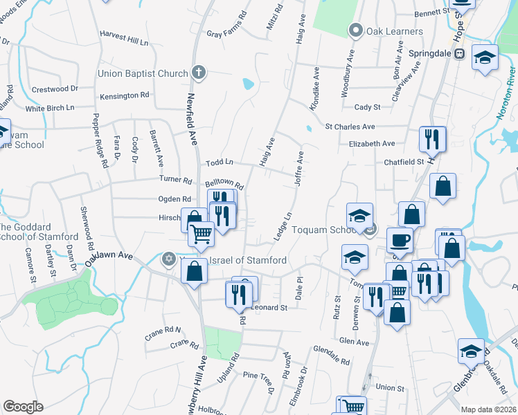 map of restaurants, bars, coffee shops, grocery stores, and more near 177 Belltown Road in Stamford