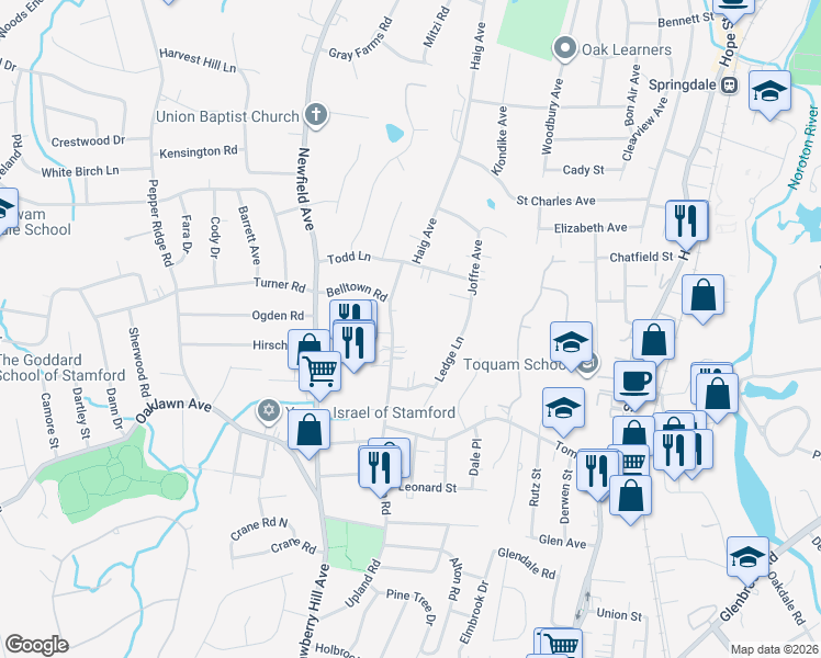 map of restaurants, bars, coffee shops, grocery stores, and more near 177 Belltown Road in Stamford