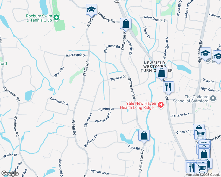 map of restaurants, bars, coffee shops, grocery stores, and more near 23 Westwood Court in Stamford