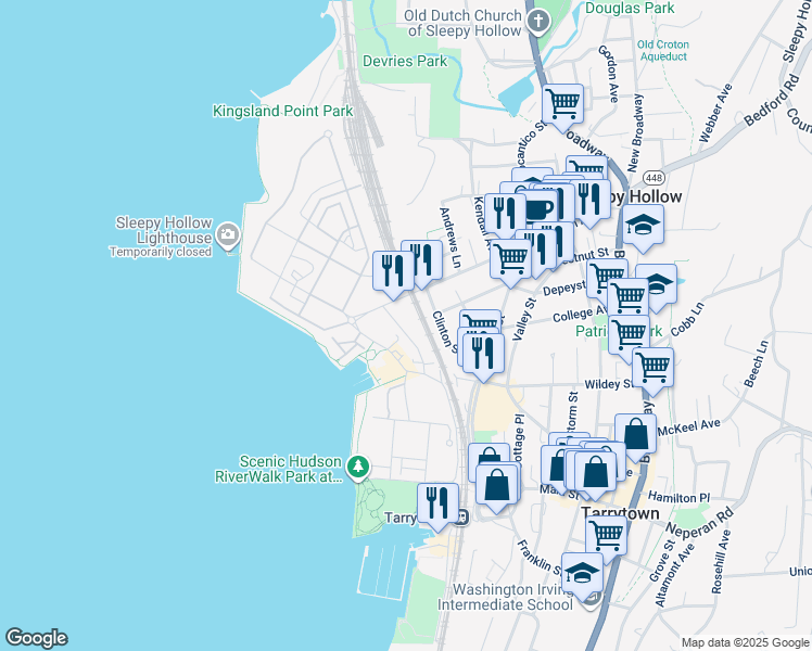 map of restaurants, bars, coffee shops, grocery stores, and more near 56 Hudson Street in Sleepy Hollow