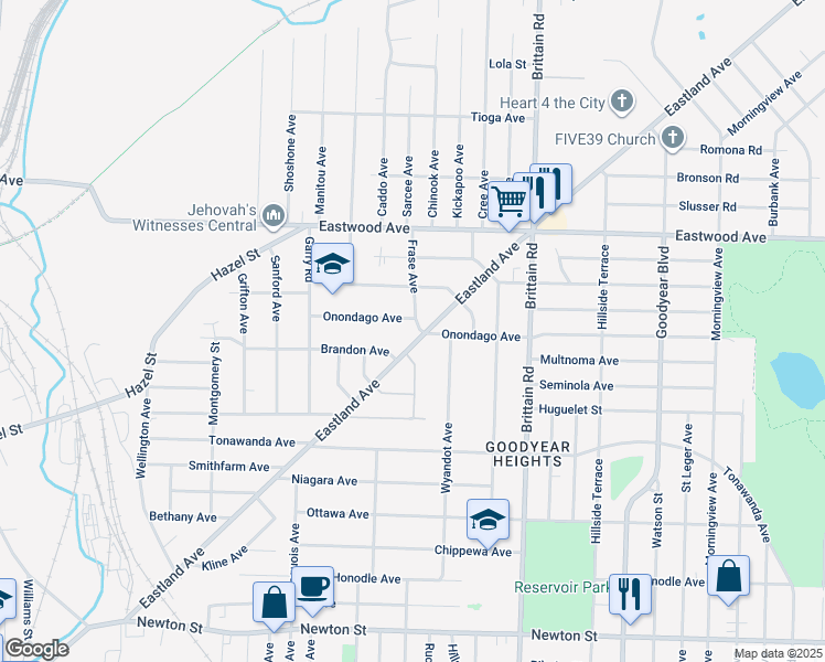 map of restaurants, bars, coffee shops, grocery stores, and more near 646 Eastland Avenue in Akron