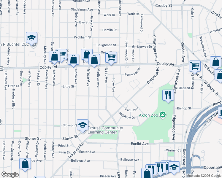 map of restaurants, bars, coffee shops, grocery stores, and more near 617 Wildwood Avenue in Akron