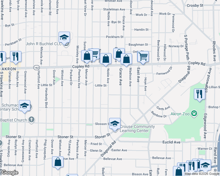 map of restaurants, bars, coffee shops, grocery stores, and more near in Akron