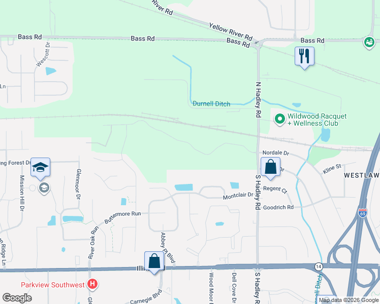 map of restaurants, bars, coffee shops, grocery stores, and more near 7466 Glen Gelder Circle West in Fort Wayne