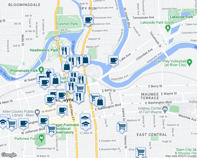 map of restaurants, bars, coffee shops, grocery stores, and more near 801 East Columbia Street in Fort Wayne