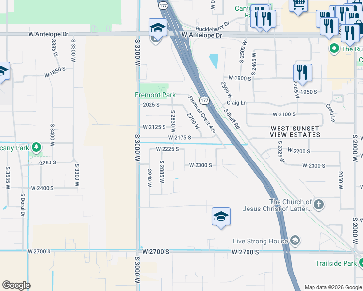 map of restaurants, bars, coffee shops, grocery stores, and more near 2810 West 2225 South in Syracuse
