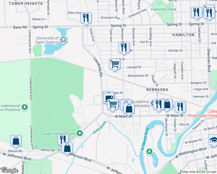 map of restaurants, bars, coffee shops, grocery stores, and more near 1919 Wheeler Street in Fort Wayne