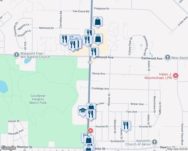 map of restaurants, bars, coffee shops, grocery stores, and more near 2146 Savoy Avenue in Akron