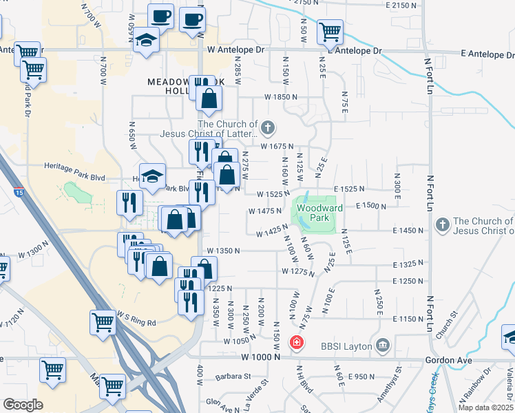 map of restaurants, bars, coffee shops, grocery stores, and more near 214 West 1475 North in Layton