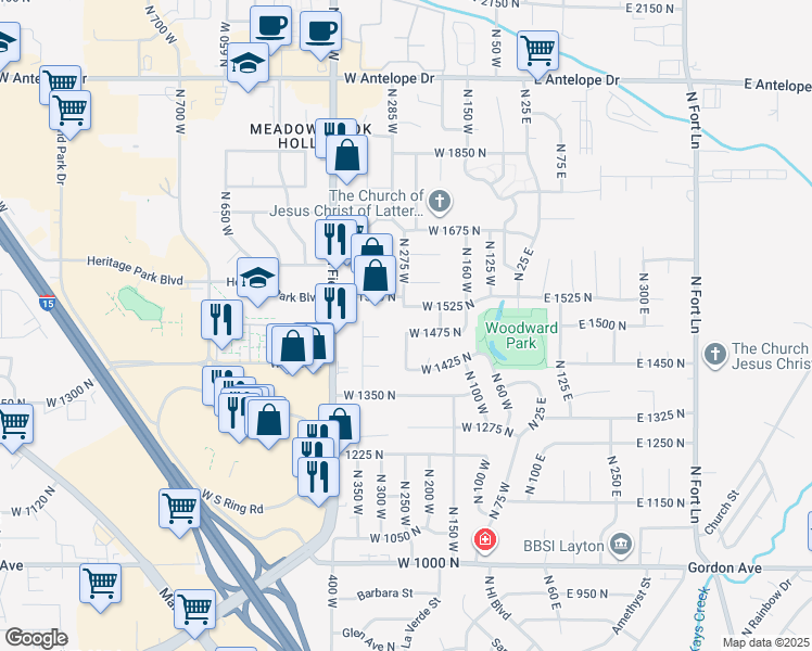 map of restaurants, bars, coffee shops, grocery stores, and more near 248 West 1475 North in Layton