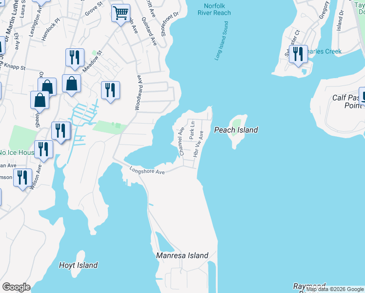 map of restaurants, bars, coffee shops, grocery stores, and more near 28 Channel Avenue in Norwalk