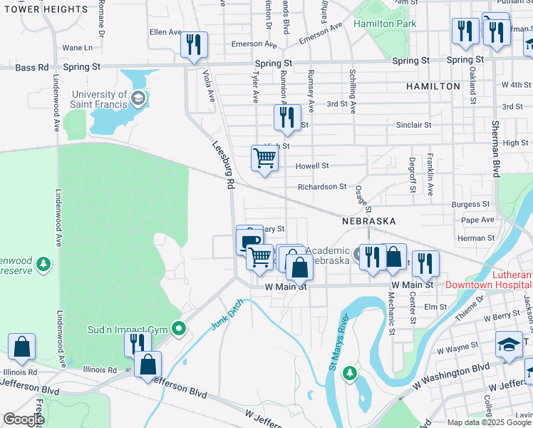 map of restaurants, bars, coffee shops, grocery stores, and more near 1829 Wheeler Street in Fort Wayne
