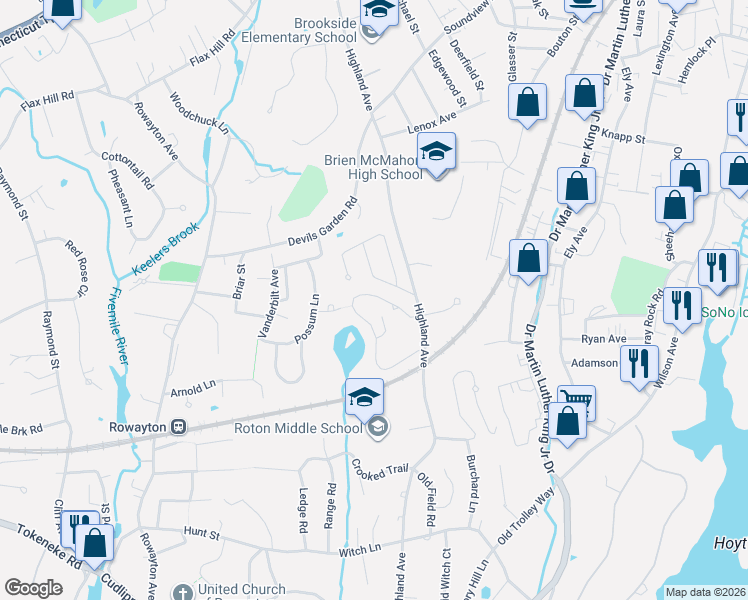 map of restaurants, bars, coffee shops, grocery stores, and more near 33 Rowayton Woods Drive in Norwalk