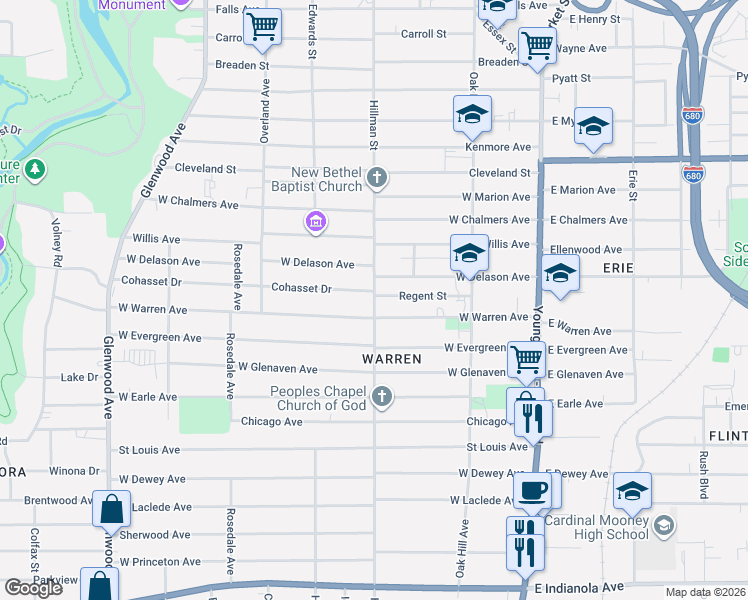 map of restaurants, bars, coffee shops, grocery stores, and more near 1816 Hillman Street in Youngstown