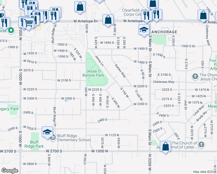 map of restaurants, bars, coffee shops, grocery stores, and more near 370 West 2150 South in Clearfield