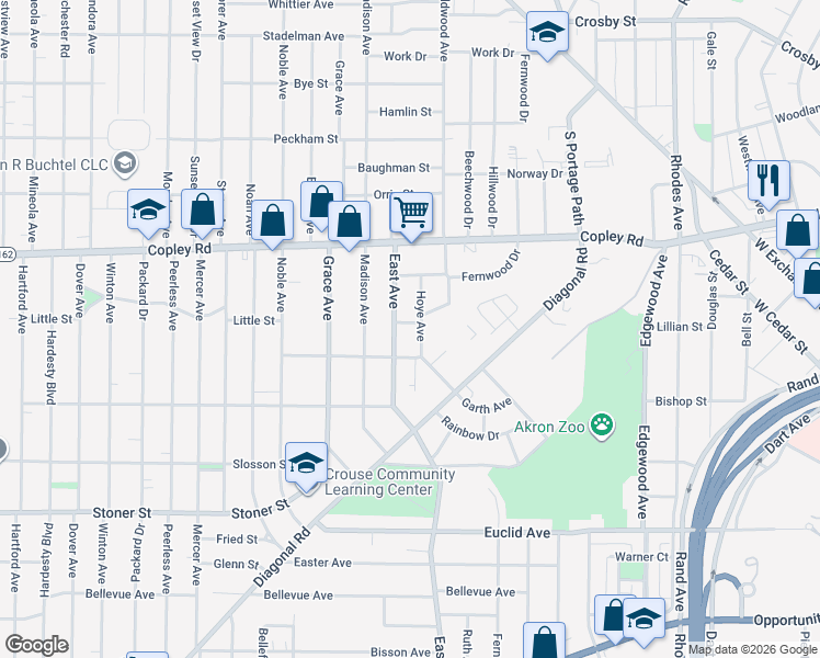 map of restaurants, bars, coffee shops, grocery stores, and more near 617 Wildwood Avenue in Akron